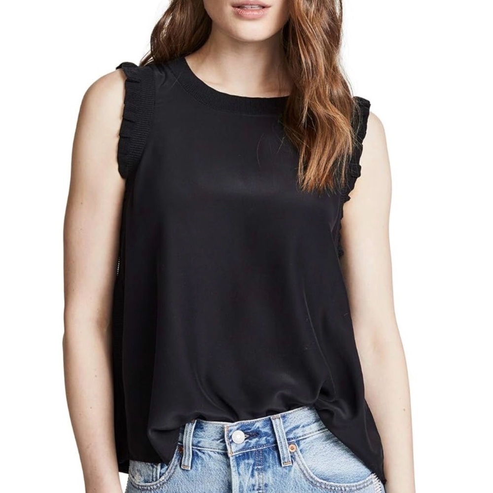 Cinq a Sept Black 100% Silk Ruffle Trim Sleeveless Blouse Top‎ Women's Small